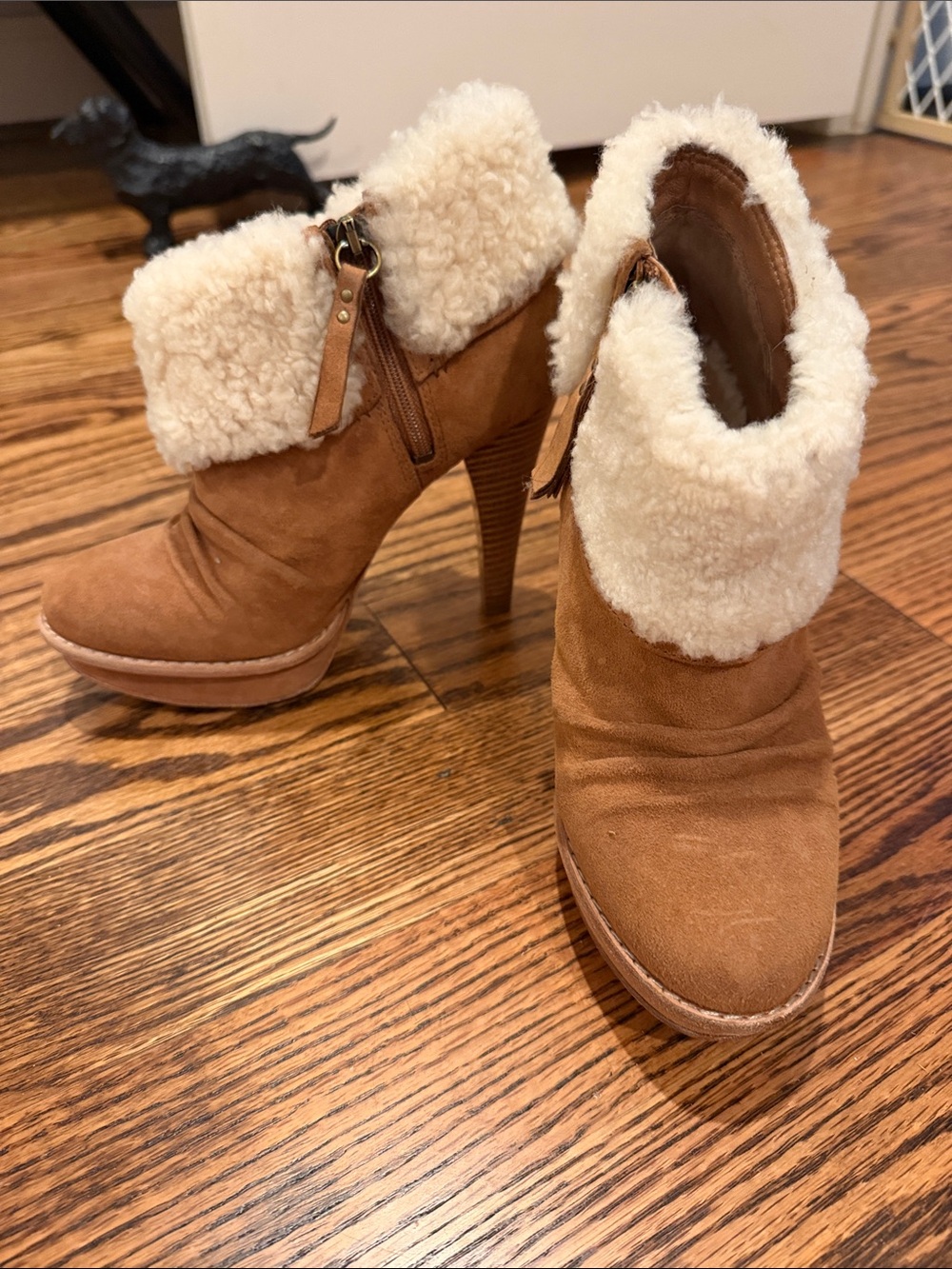 UGG Chestnut Suede Shearling Foldover Ankle Heeled Boots
